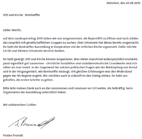 20100820 Dankbrief von MdB Pronold an den OV wegen Bonhoeffer-Ausstellung
